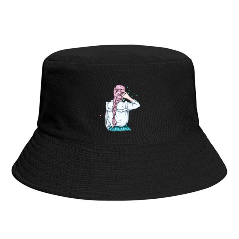 Whimsical Illustration of a Girl with Pink Hair in a Braid Bucket Hat