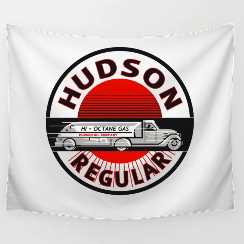 Vintage Hudson Regular Gas Station Logo with Art Deco Fuel Truck Design Tapestry