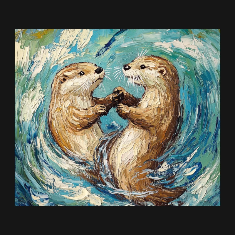 Playful Otters Swimming in Swirling Waters Art Painting Mouse Pad