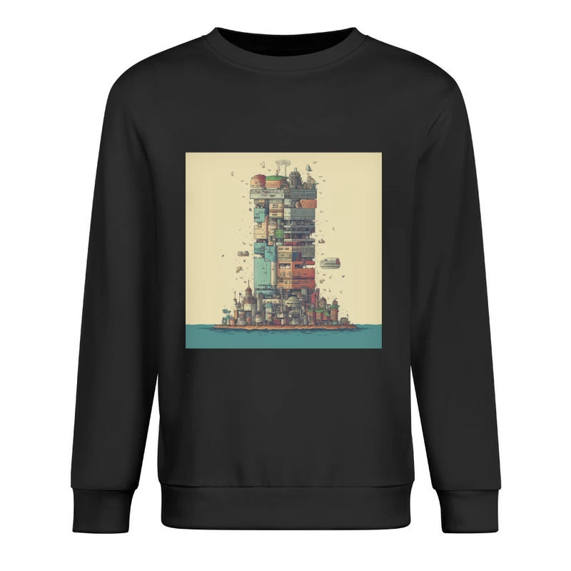 Retro-Futuristic Vertical City Island Male Pullover Sweatshirt