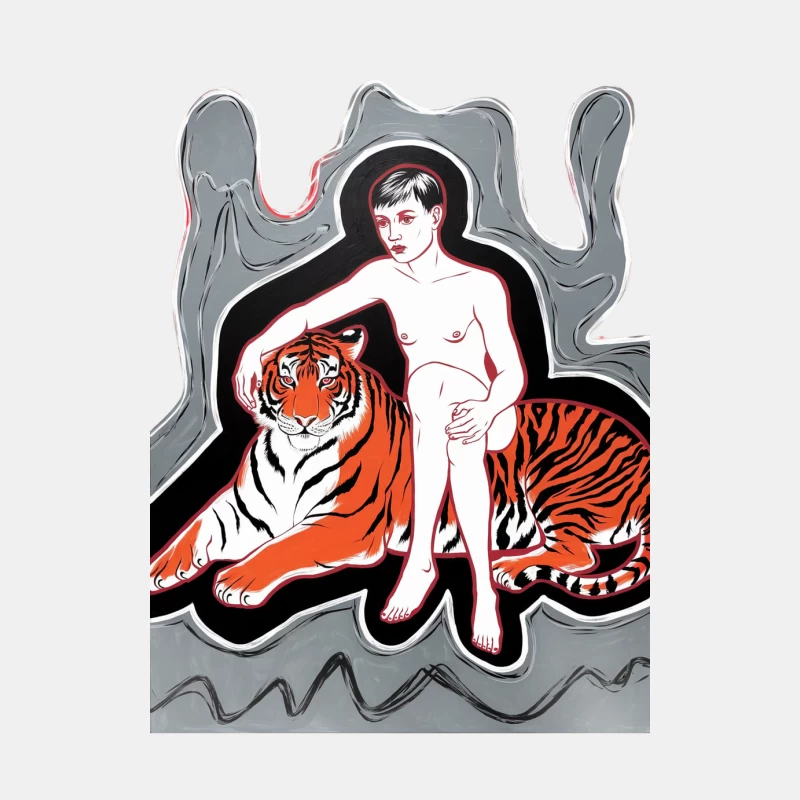 Surreal Illustration: Nude Figure with Tiger in Stark Contrast Male Tank Top