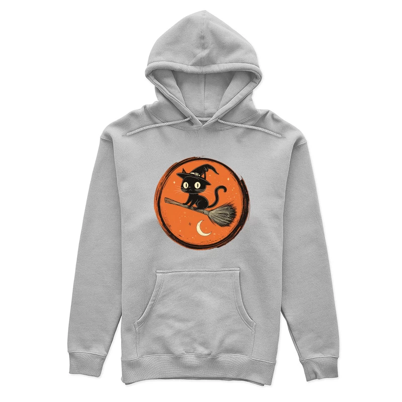 Spooky Halloween Cat Riding Broomstick in Moonlit Circle Female Pullover Hoodie