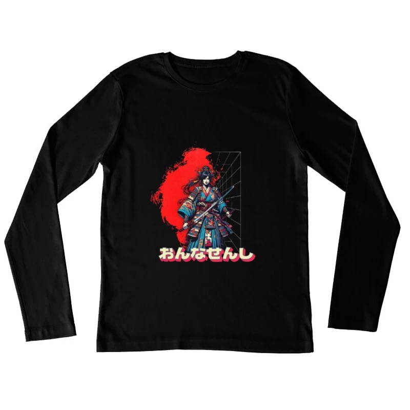 Warrior in Traditional Japanese Kimono with Katana Against Red Sun Female Long Sleeve T-Shirt