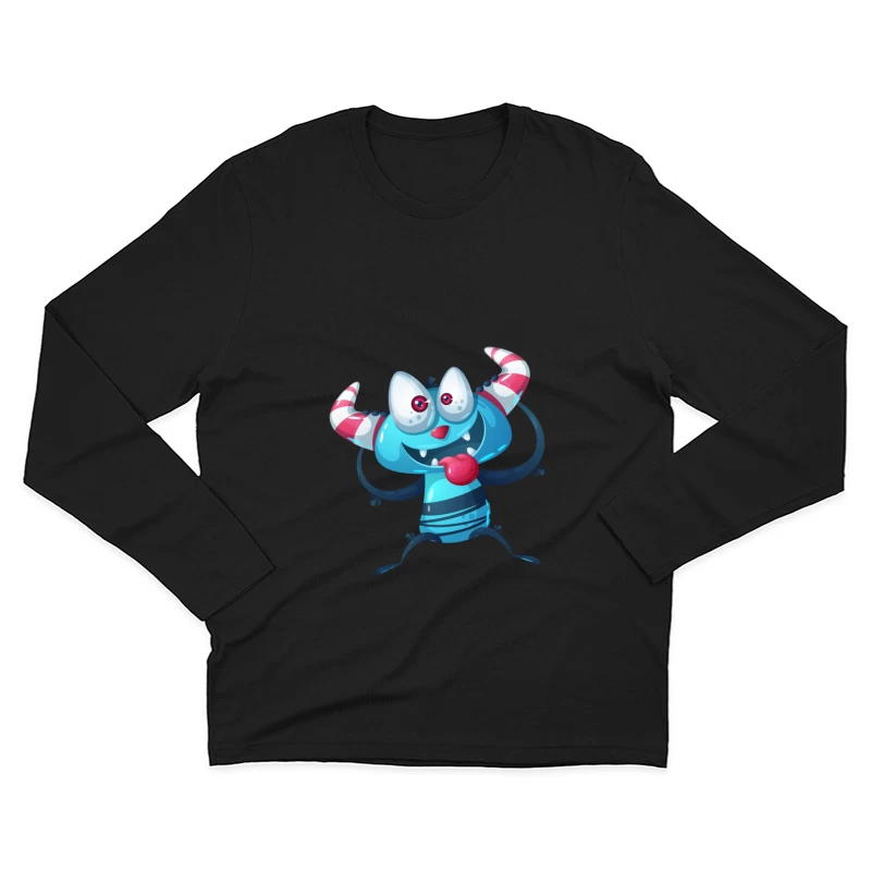 Monstre amusant bleu avec cornes rayées Homme Manches Longues T-Shirt