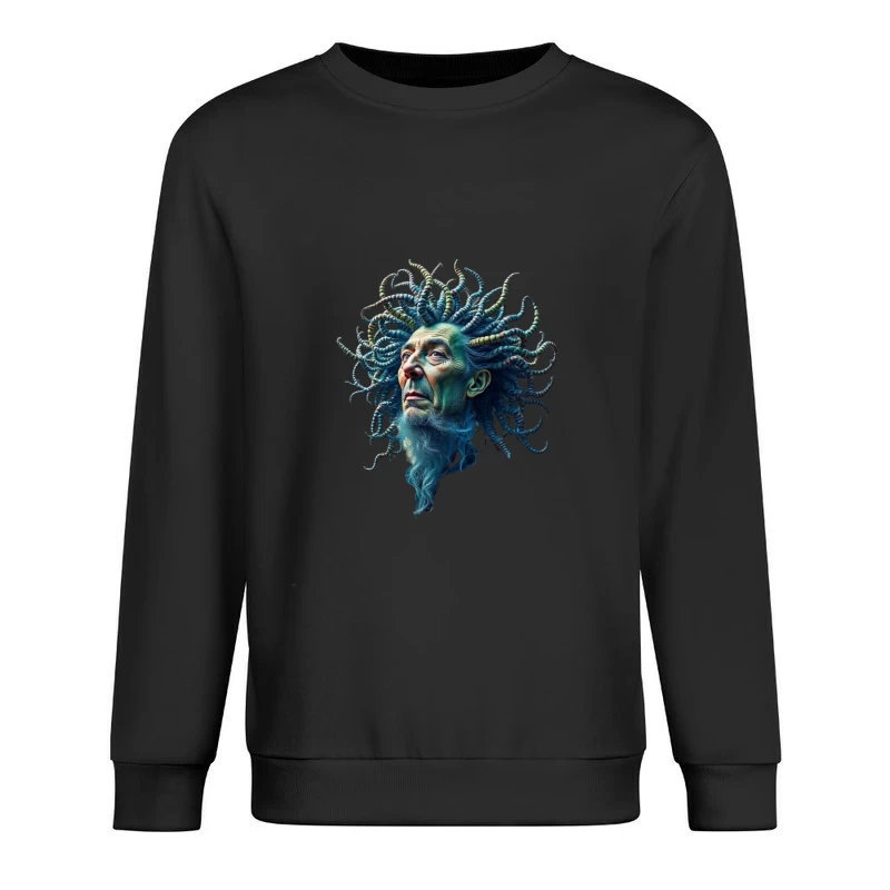 Surreal Medusa-Inspired Portrait with Blue Tentacles Male Pullover Sweatshirt