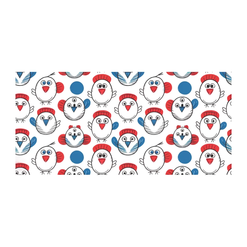 Whimsical Cartoon Bird Pattern in Red, White, and Blue Tapestry