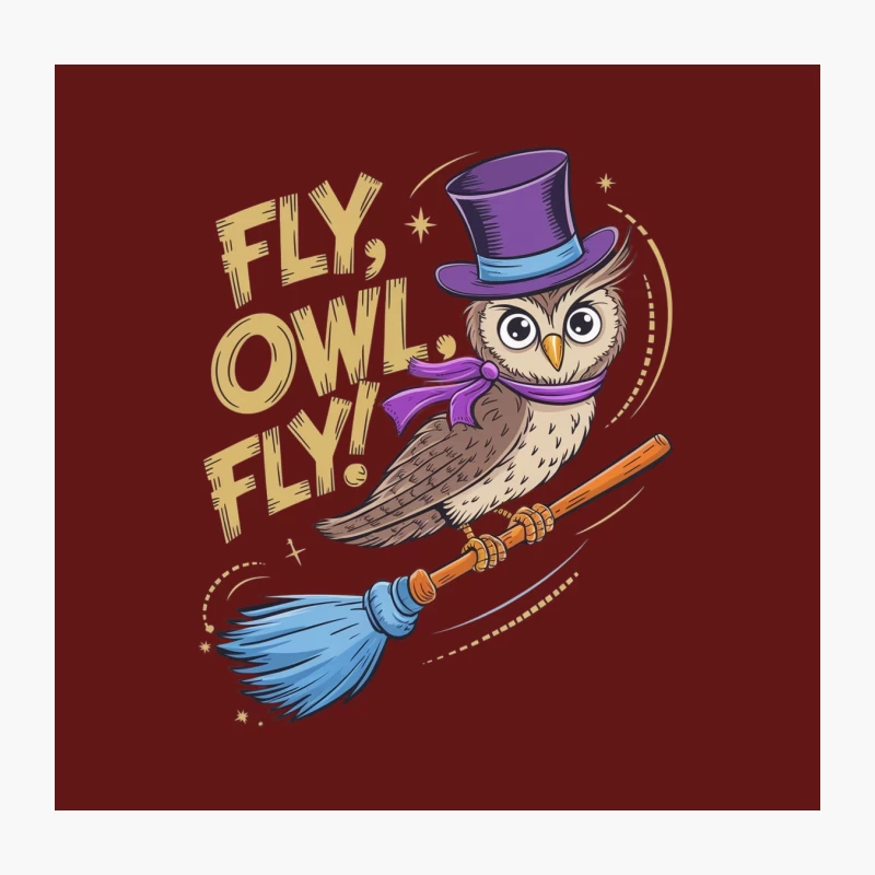 Whimsical Magic Owl Flying on Broom with Purple Top Hat Throw Pillow