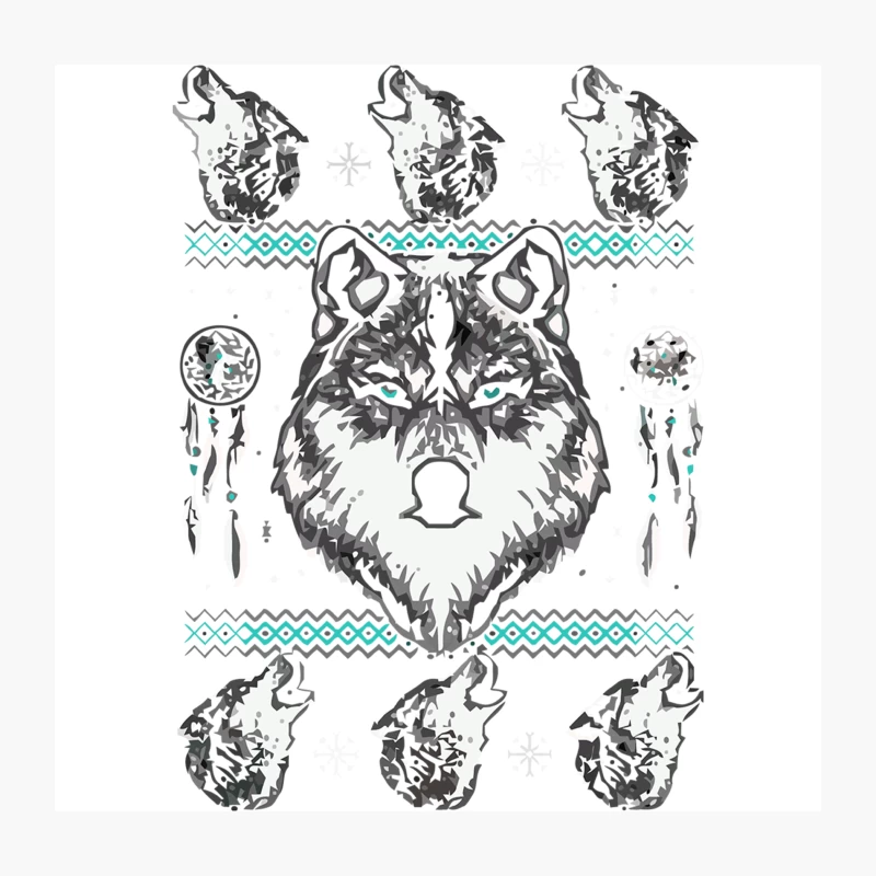 Tribal Wolf Illustration with Native American Symbols Throw Pillow