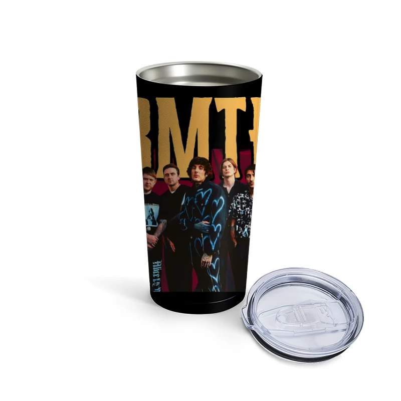 Bring Me The Horizon Band Promotional Photo With Yellow Text Travel Mug