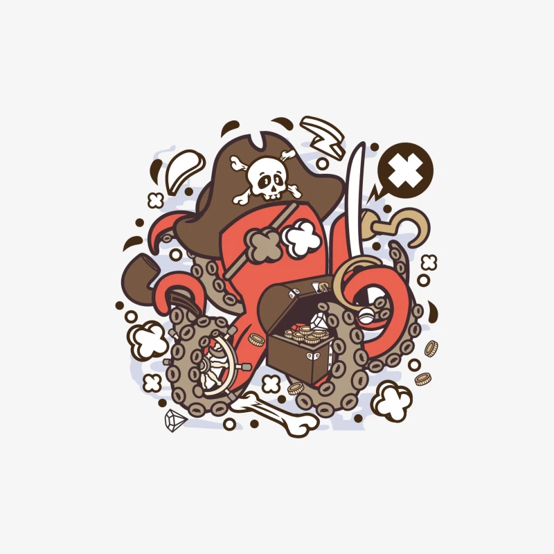 Poulpe Pirate avec Trésor et Épée Homme Manches Longues T-Shirt