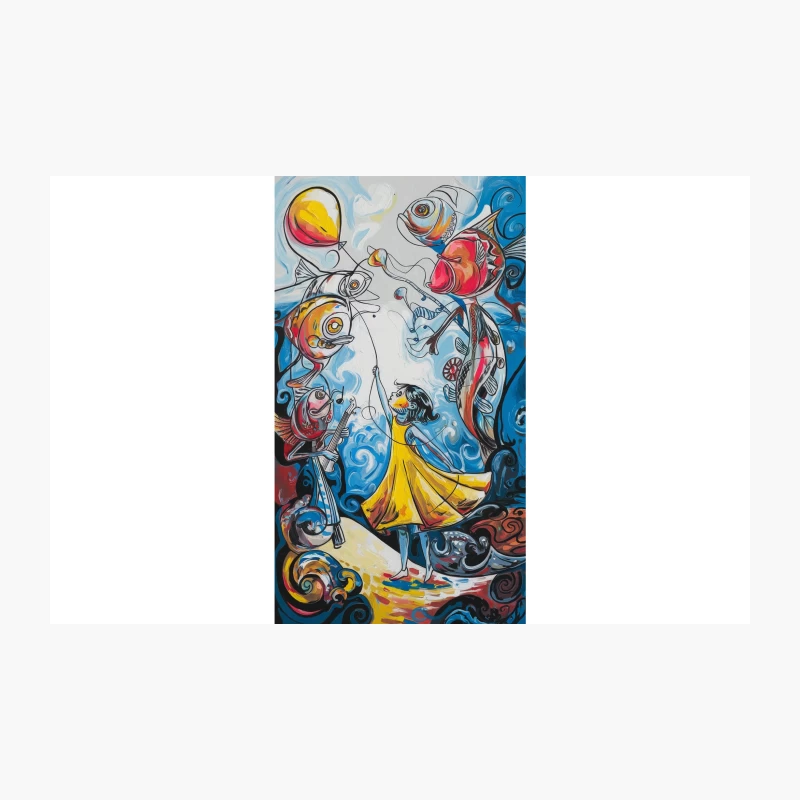 Whimsical Surrealist Scene: Girl in Yellow Dress Among Giant Fish Travel Mug