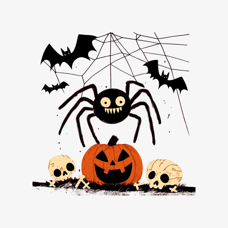 Spooky Halloween Scene with Cartoon Spider, Jack-o'-Lantern, and Bats Male Pullover Sweatshirt