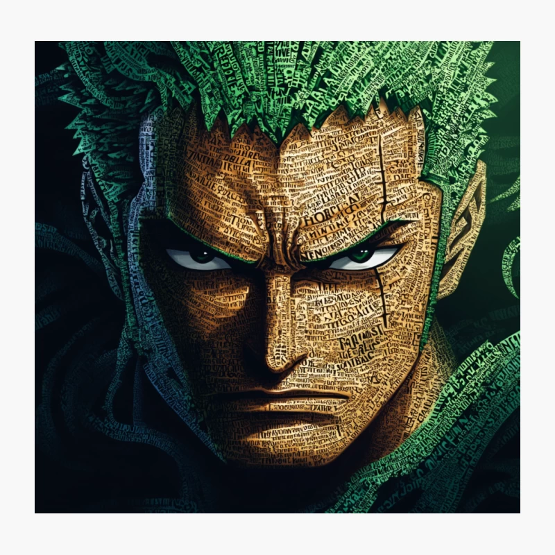 Typographic Portrait of Intense One Piece Character with Green Hair Throw Pillow