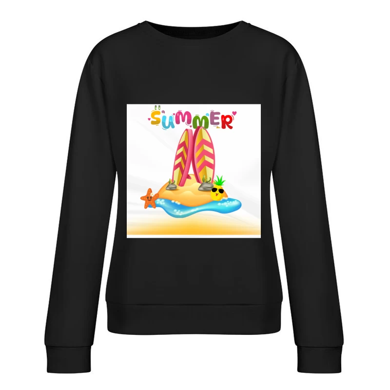Tropical Surfboard on Island with Palm Trees Female Pullover Sweatshirt