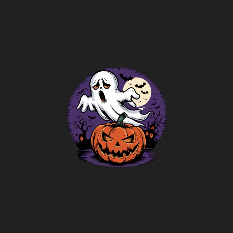 Spooky Halloween Night with Cartoon Ghost and Jack-o'-Lantern Bucket Hat