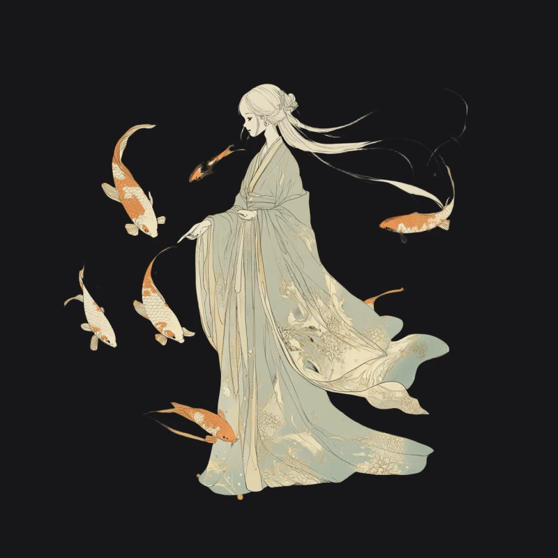 Ethereal Anime Illustration: Woman in Kimono with Koi Fish Male Pullover Hoodie
