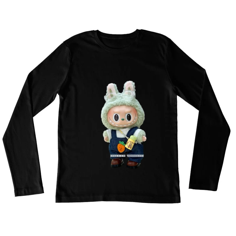 Niedliche Puppe mit Hasenohren und Overalls Damen Langarm T-Shirt