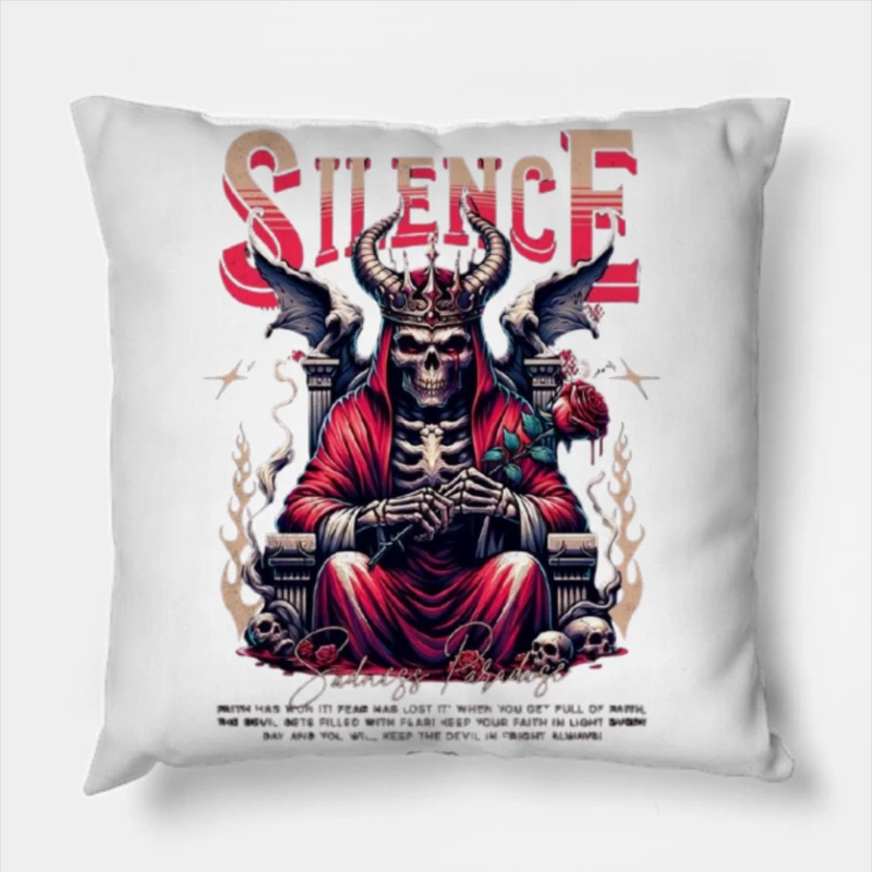 Gothic Skull King on Throne with Red Roses Throw Pillow