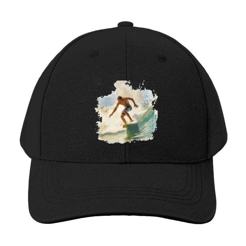 Dynamic Watercolor Surfer Riding Turquoise Wave Baseball Cap