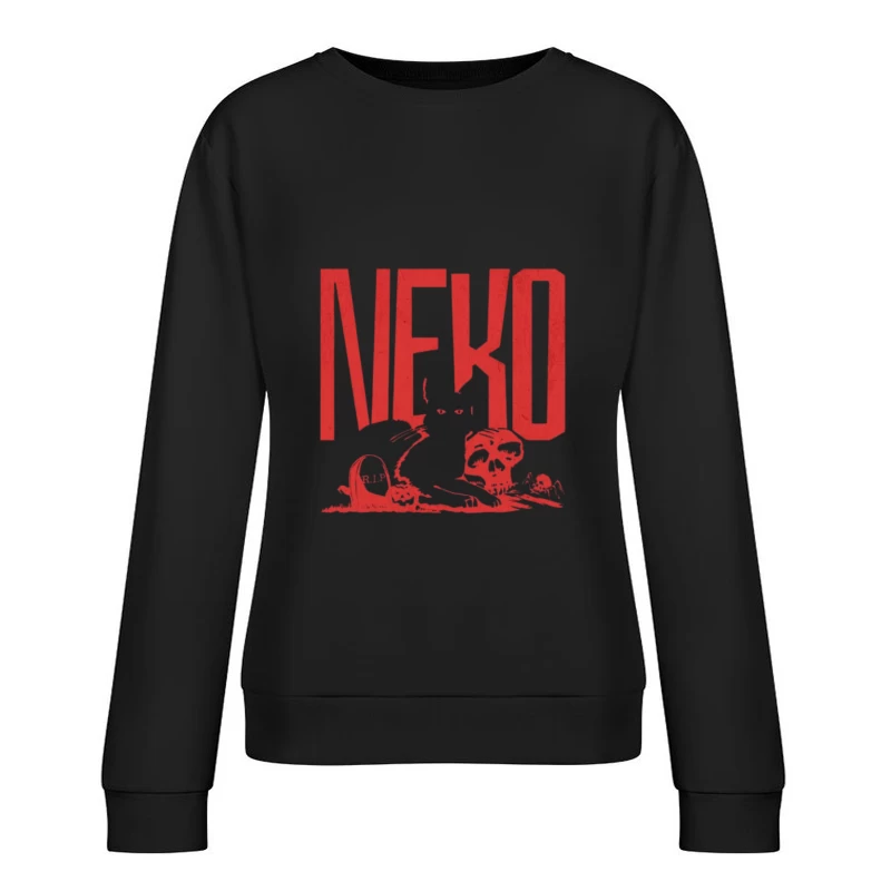 Gothic Red Cat with Skulls and Tombstones Female Pullover Sweatshirt