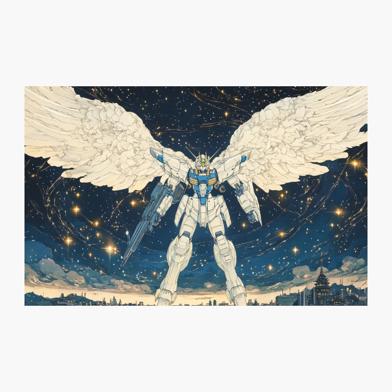 Angelic Mecha Guardian Over Starlit City Travel Mug