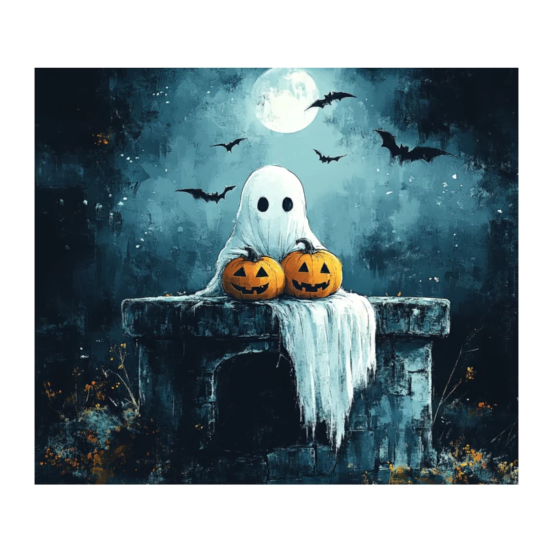 Ghostly Halloween Night with Pumpkins and Bats Tapestry
