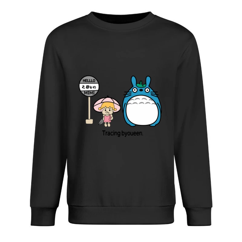 Niedliches Zeichentrickdesign mit Regenschirmmädchen und blauem Tier Herren Pullover Sweatshirt