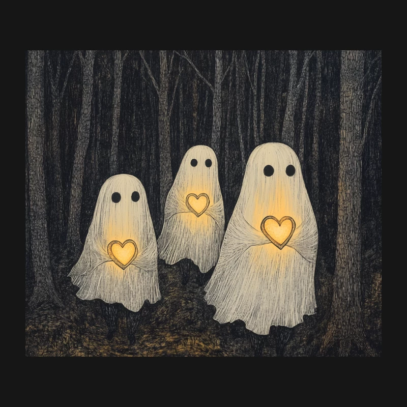 Cute Glowing Heart Ghosts in Dark Spooky Forest Mouse Pad
