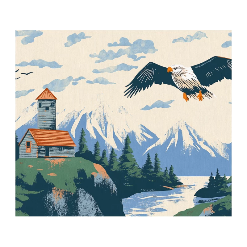Majestic Bald Eagle Soaring Over Mountain Wilderness Landscape Tapestry
