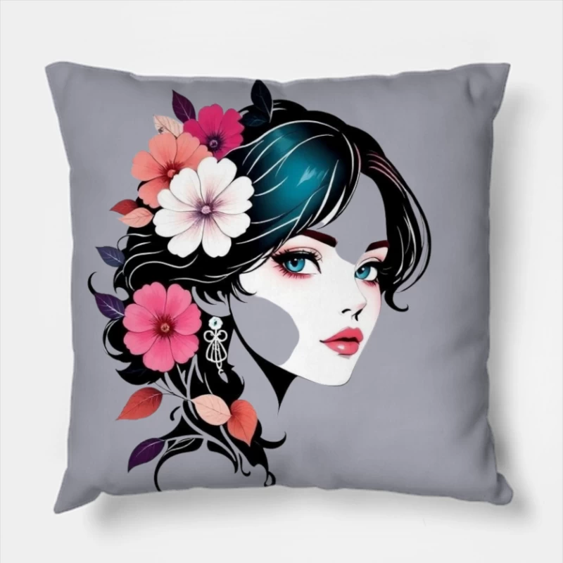 Elegant Floral Portrait with Turquoise Accents Throw Pillow