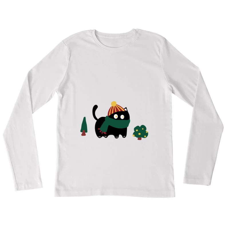 Schwarze Katze im Winterkleid Damen Langarm T-Shirt