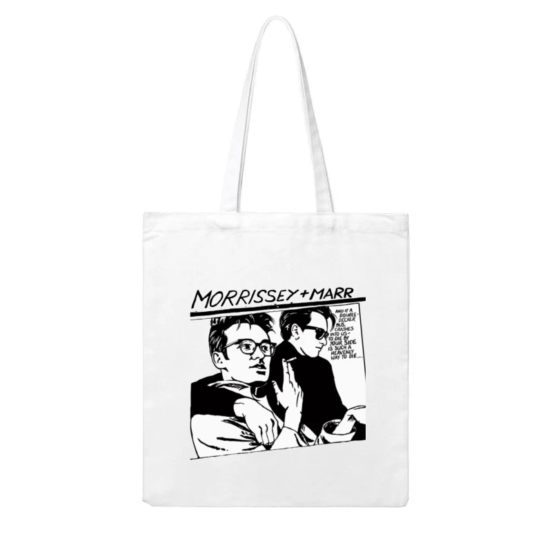 Black and White Comic Style Portrait of Morrissey and Marr with Dark Humor Quote Cotton Tote Bag