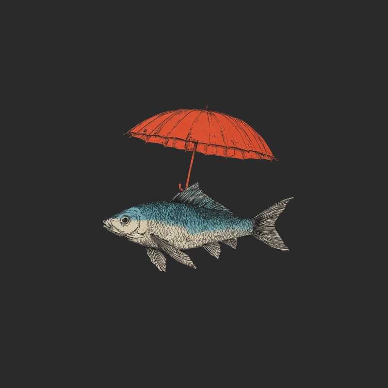 Whimsical Illustration of Fish Under Red Umbrella Baseball Cap
