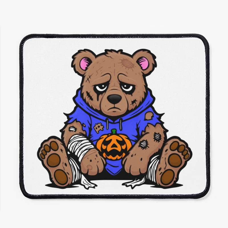 Sad Injured Teddy Bear in Blue Hoodie with Halloween Pumpkin Mouse Pad