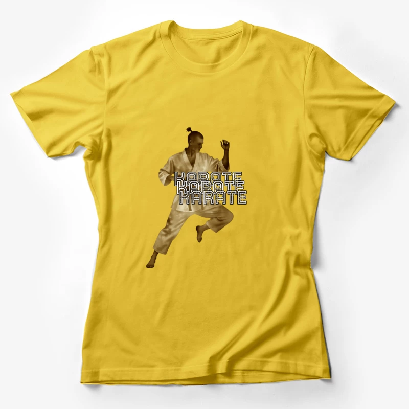 Karate Fighter in Dynamic Combat Stance with Stylized Text Female T-Shirt