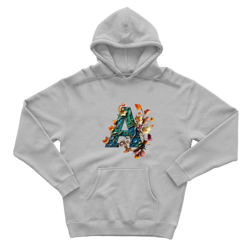 Ornate Teal Letter A with Autumn Floral Embellishments Male Pullover Hoodie