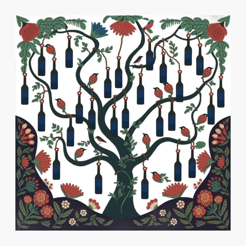 Whimsical Tree of Life with Wine Bottles and Floral Folk Art Design Pin