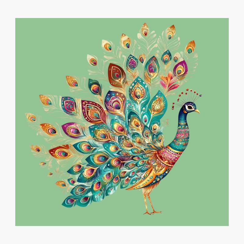 Vibrant Artistic Peacock Illustration with Decorative Feathers Throw Pillow