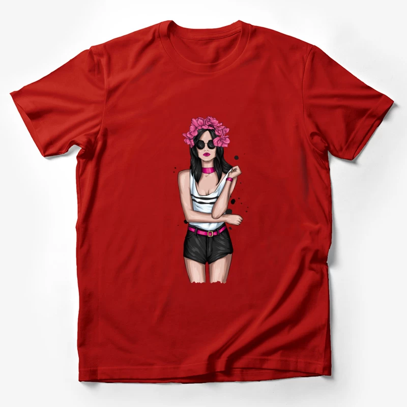 Chic Woman in Sunglasses with Floral Headband Male T-Shirt