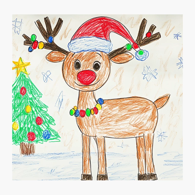 Child's Drawing of Rudolph the Reindeer with Christmas Tree Throw Pillow