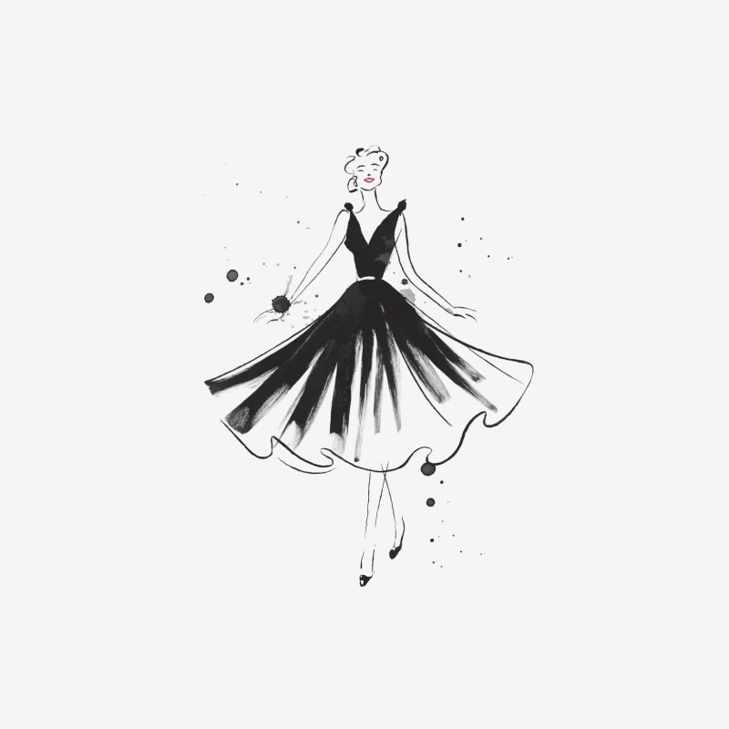 Elegant Vintage-Style Fashion Sketch of Black Dress Female T-Shirt