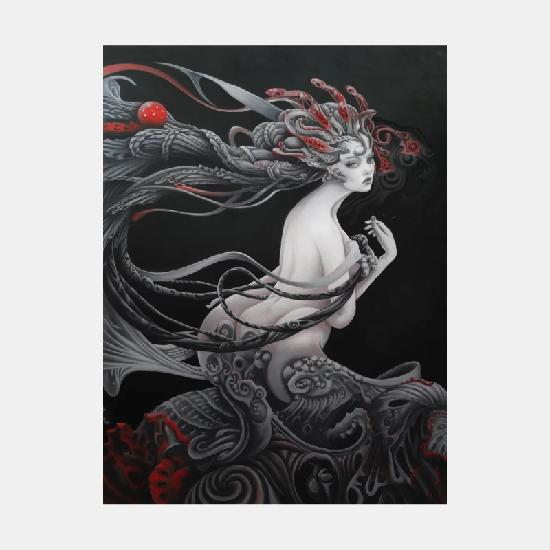 Surreal Monochrome Fantasy: Tentacled Mythical Being with Red Accents Male Tank Top