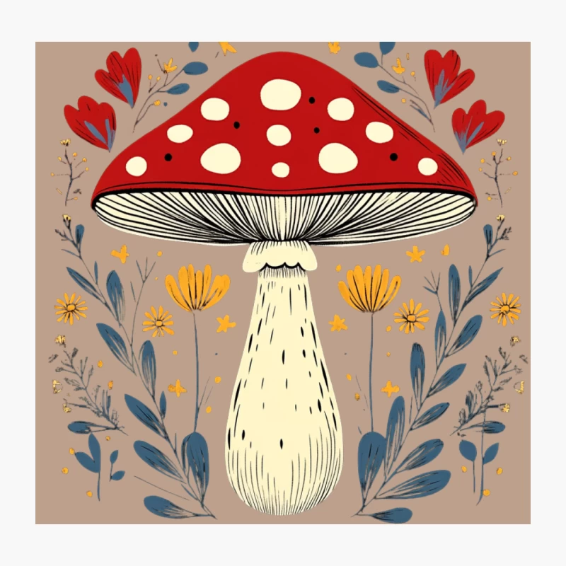 Whimsical Red Mushroom with Floral Folk Art Illustration Throw Pillow