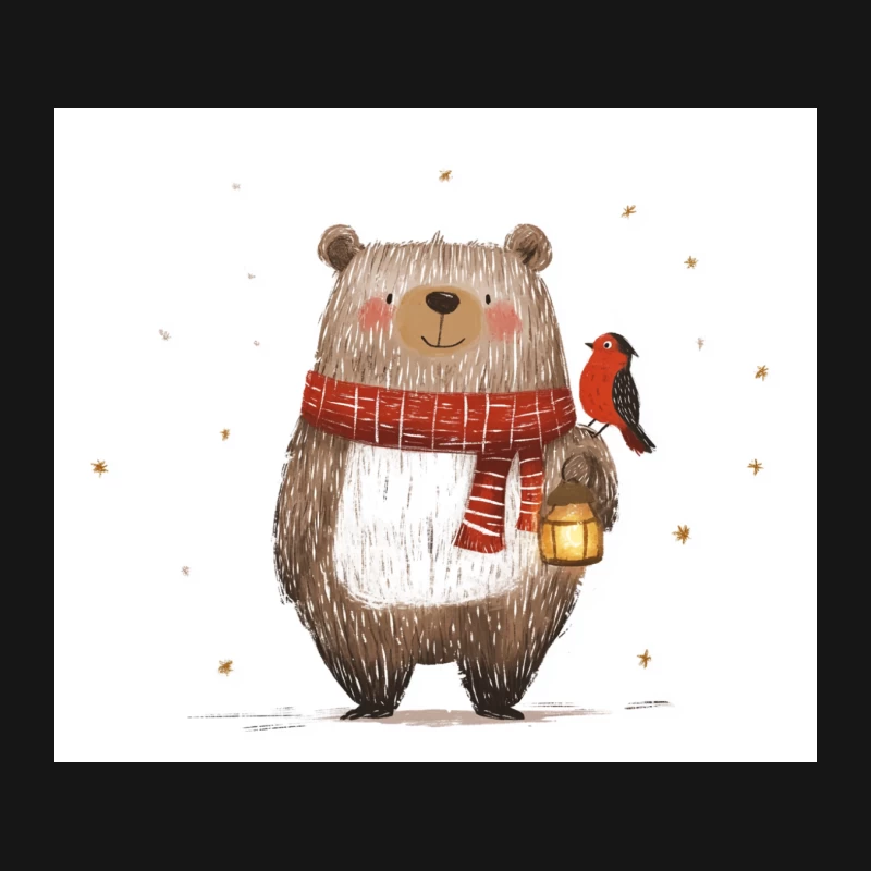 Whimsical Winter Bear with Lantern and Red Bird Mouse Pad