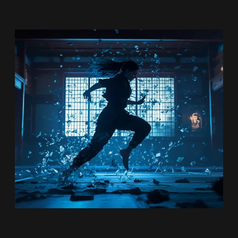 Dynamic Silhouette Running Through Shattered Glass in Cinematic Blue Light Mouse Pad