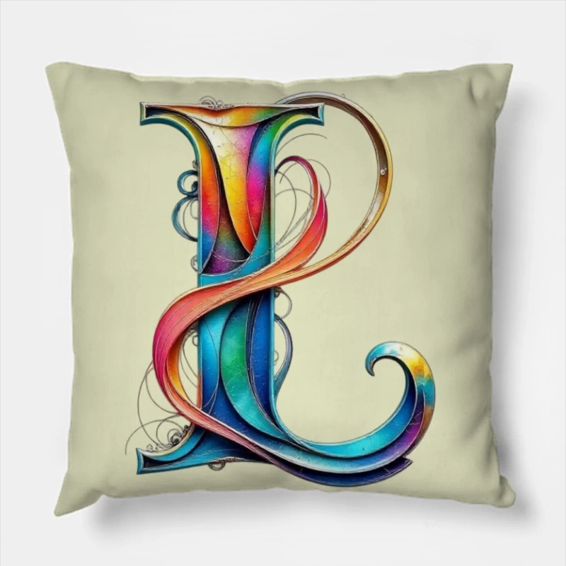 Ornate Rainbow Letter P with Decorative Swirls Throw Pillow