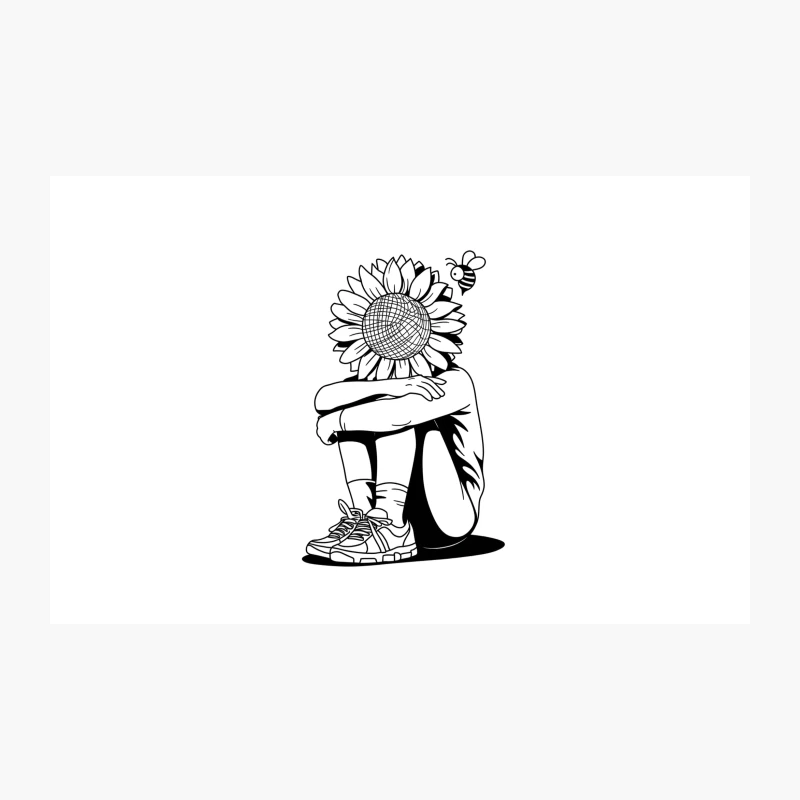 Surreal Sunflower Head: Human Figure in Contemplative Pose Travel Mug