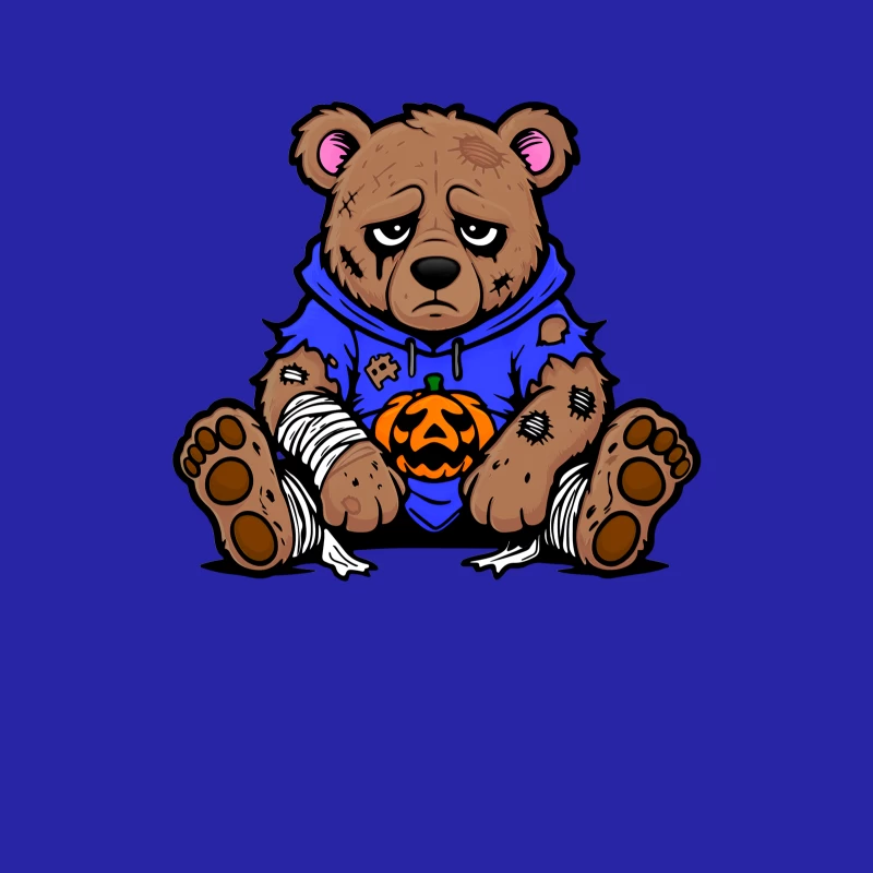 Sad Injured Teddy Bear in Blue Hoodie with Halloween Pumpkin Male Tank Top