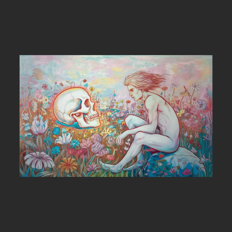Surreal Encounter: Nude Figure and Skull in Vibrant Flowerscape Baseball Cap