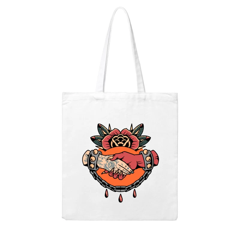 Symbolic Handshake Artwork with Floral and Chain Elements Cotton Tote Bag